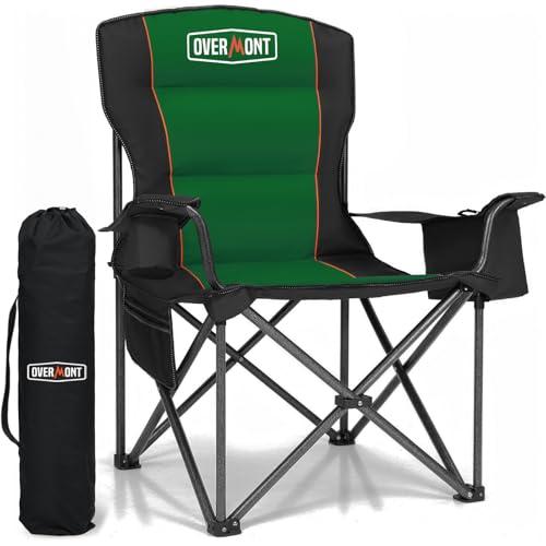 Overmont Oversized Folding Camping Chair - 450lbs Support with Padded Cushion Cooler Pockets - Heavy Duty Collapsible Chairs for Sports Garden Beach Fishing Green