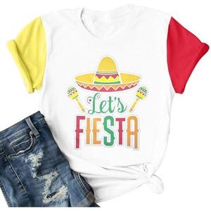 Let’s Fiesta Shirt for Women Cinco De Mayo Shirt Fiesta Shirts Mexican 5th May Tee Funny Saying Casual Tops, XL