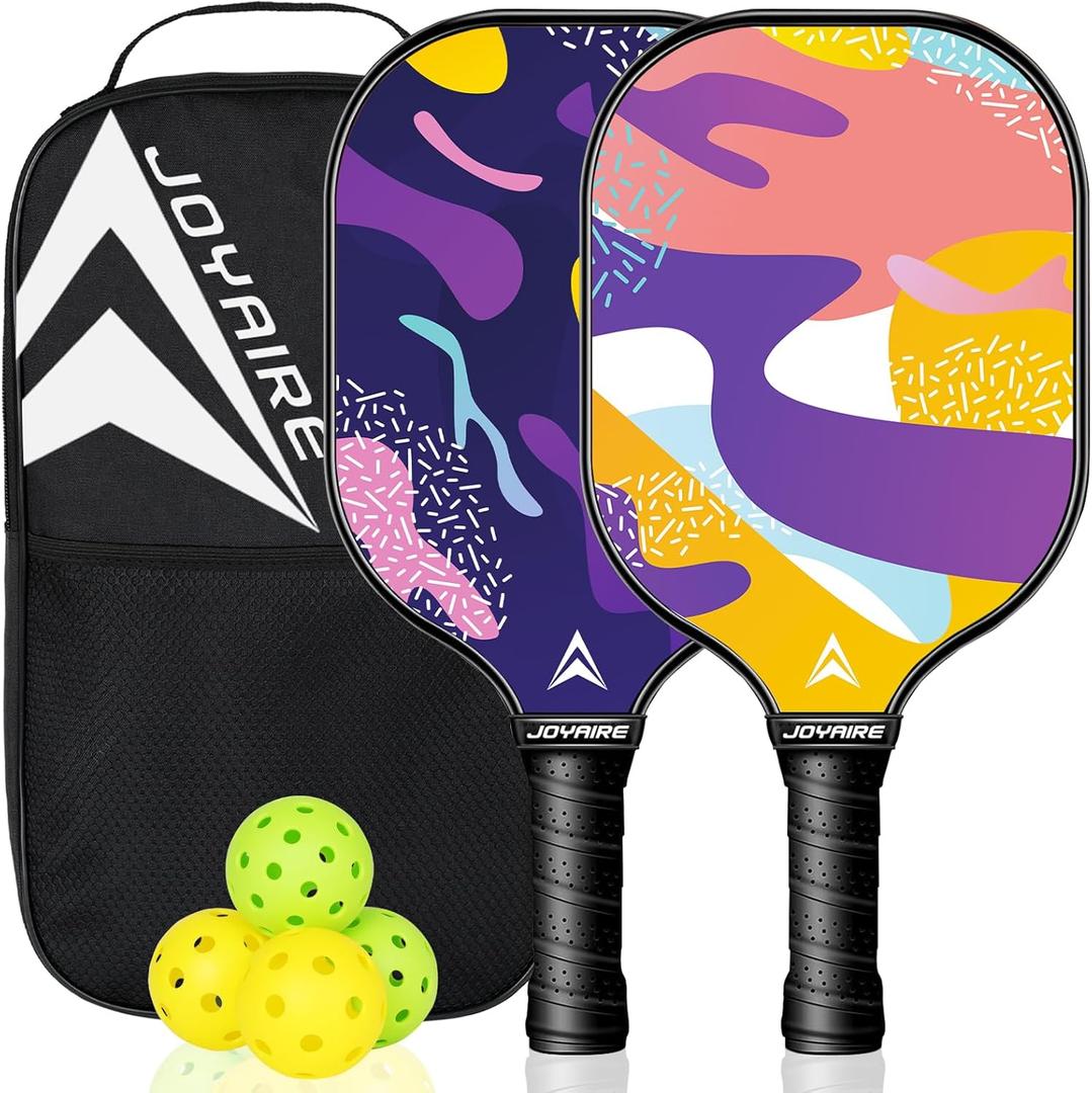 Carbon Fiber Pickleball Paddles Set of 2, USAPA Approved T700 Raw Carbon Face, Lightweight 7.5oz Honeycomb Core Pickle Ball Rackets, High Spin, Includes 4 Balls & Portable Bag (2 Pack Pink & Purple)