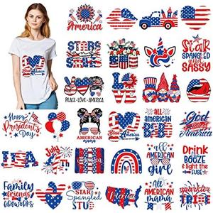 Estune 30 Pcs Patriotic Iron on Transfers 4th of July Iron on Decals Patches Appliques Heat Transfers Vinyl Cute Memorial Day Decals for Clothes Bag Pillow Covers DIY(Classic Style)