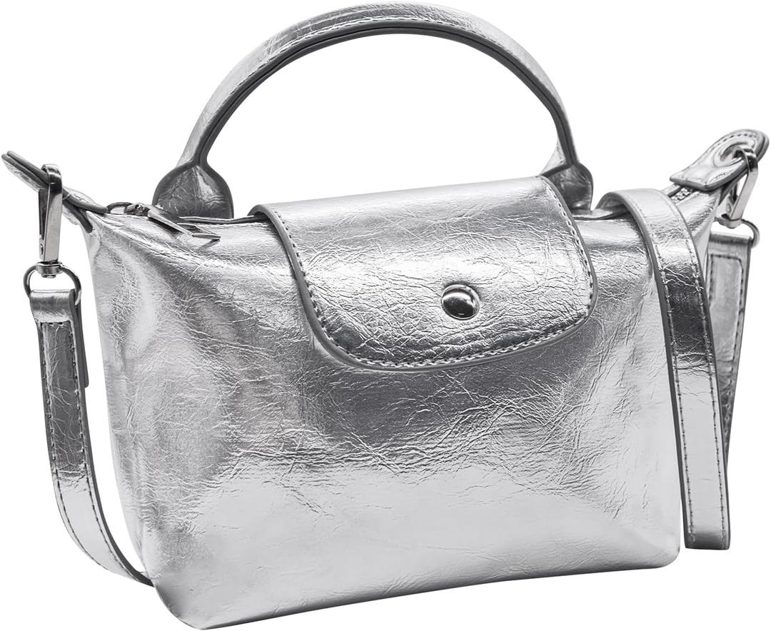 Long Keeper Small Crossbody Bag for Women Metallic PU Leather Shoulder Bag Mini Tote Handbags Zipper Top Handle Hobo Purse