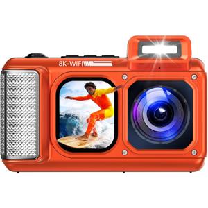 Maxmango V08 Pro 49FT Underwater Camera - 8K 90MP WiFi Waterproof Digital Camera with Touchscreen, Dustproof Shockproof Rugged Camera for Snorkeling, 64GB Point and Shoot Digital Digital Cam - Orange