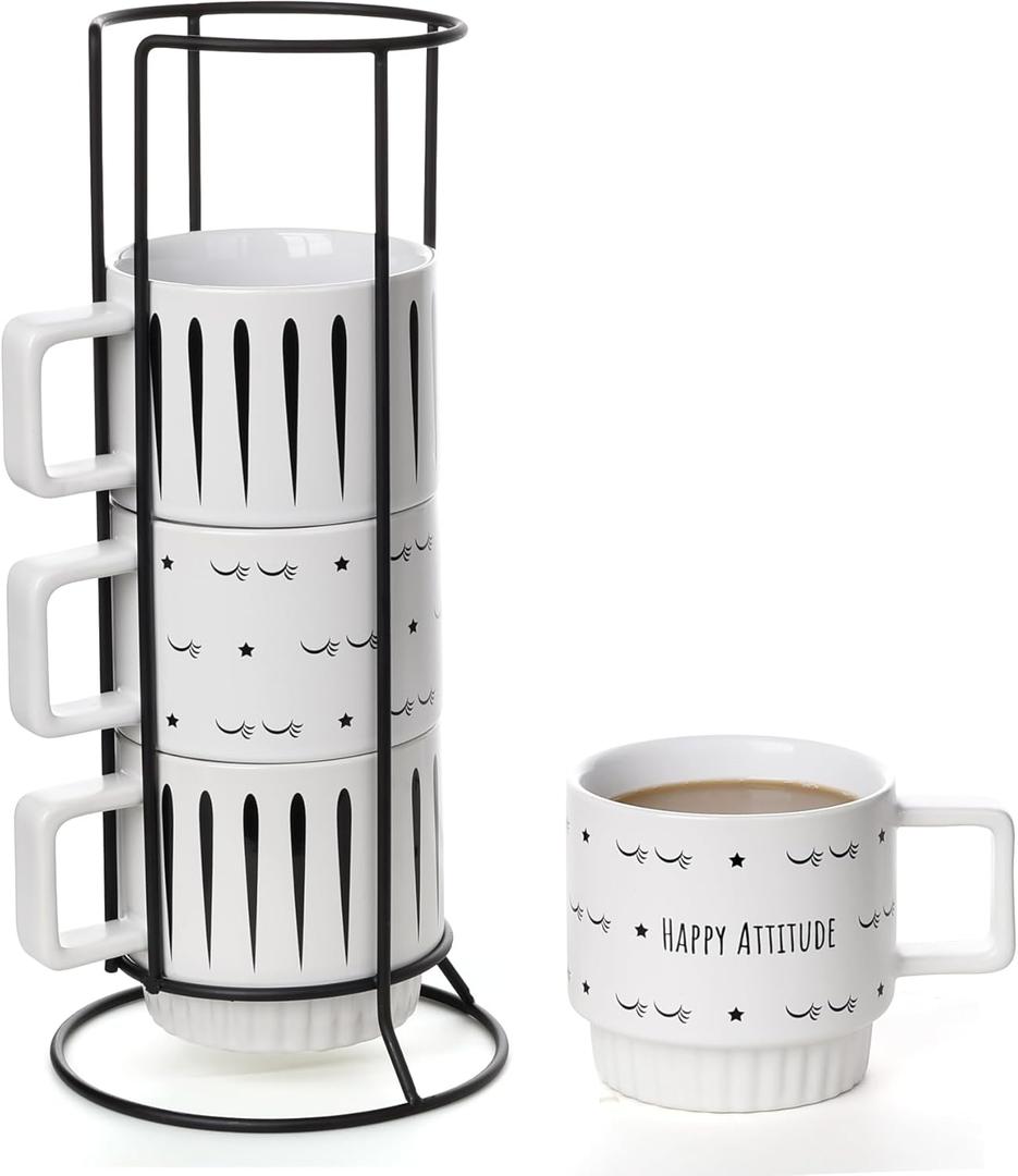 Porcelain Demitasse Espresso Cups, 11 Ounce Stackable Ceramic Espresso Mugs Set of 4, Marble Cups for Latte Coffee Cafe Mocha Tea