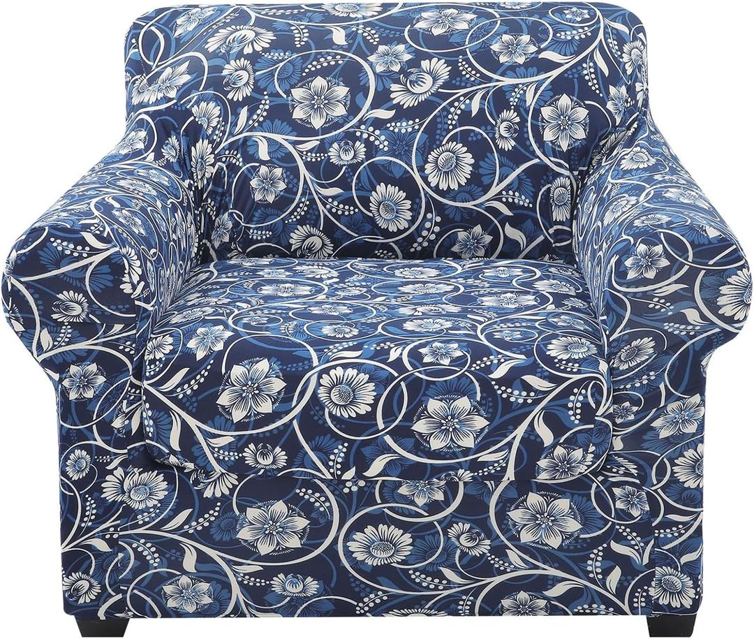 hyha Couch Covers, Chair/Sofa Covers, Floral Pattern, Stretch, Printed, 2 Pieces, Armchair Slipcover, Separate Couch Cushion Slipcover, Furniture Protector for Dogs(Armchair, Baroque) (Small, Blue)