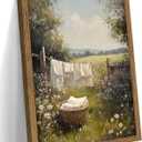Vintage Wood Framed Laundry Room Wall Art, Farmhouse Clothesline Decor, 24"L x 16"W