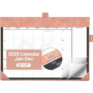 Desk Calendar 2026 Jan to Dec with Plastic Cover, Large Desktop Calendar 12"x17" with to-do List, Wall Calendar Leather Hard Back, Large Ruled Block, Monthly Flip, Desk Decor, Office Supplies, Pink