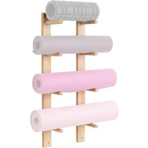 1 Pair Yoga Mat Holder Wall Mount Wooden Yoga Mat Storage Racks for Foam Roller & Fitness Accessories 4 Layer 28.7" X7" X2", Accommodating 4 Mats Save Space & Home Gym Organize