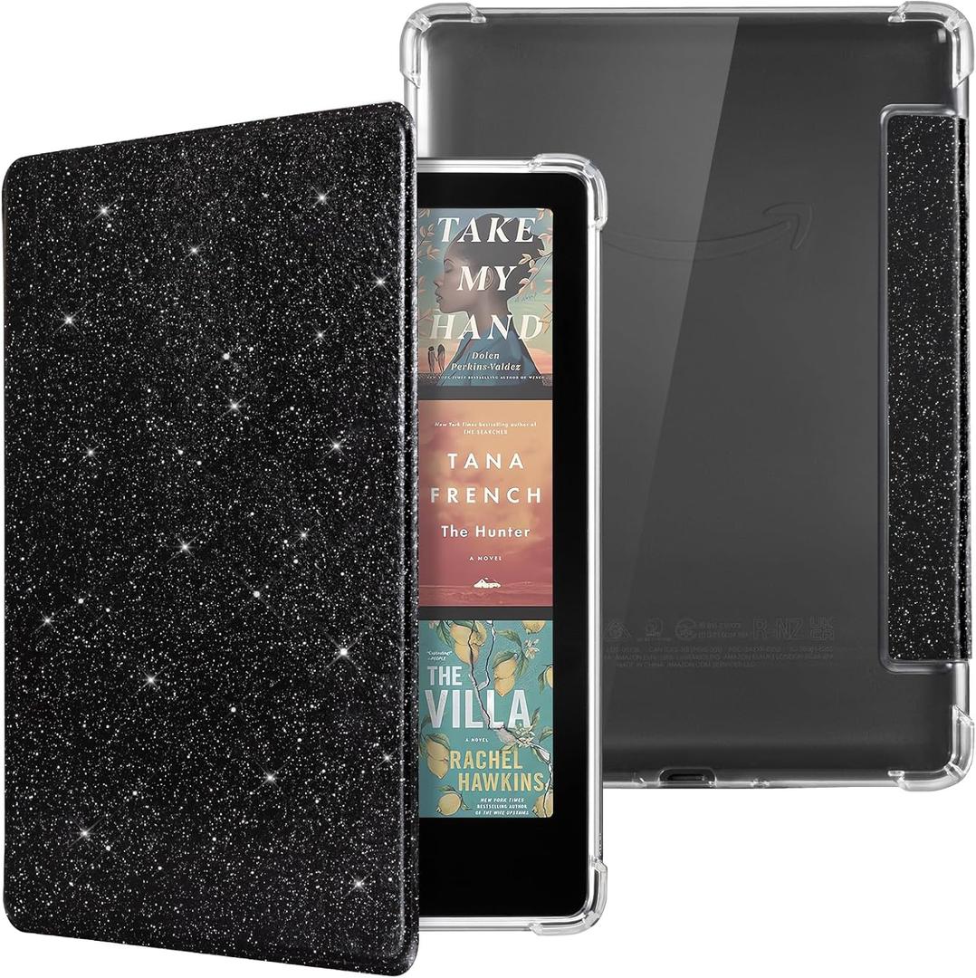 CoBak Case for Kindle Paperwhite 12th Gen 2024 (7") & Kindle Colorsoft Signature Edition (7") - New PU Leather Cover and Clear Soft Silicone Back Cover with Auto Sleep Wake Feature (Glitter Black)