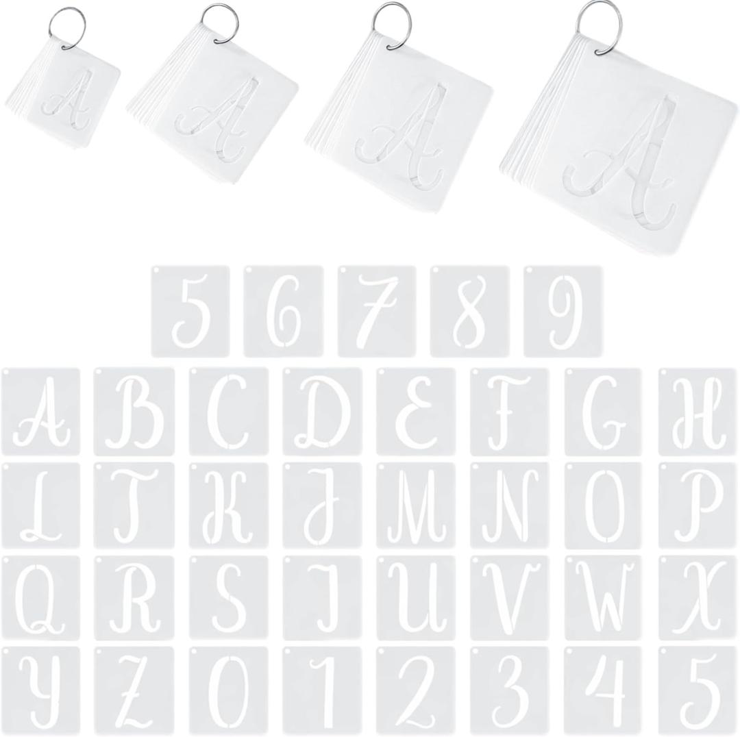 Affrolling 144 Pcs Letter and Number Stencils 4 Sizes Alphabet Number Templates Reusable Plastic Stencils for Painting on Wood, Walls, Signs (1,2,3,4 Inch,Elegant)