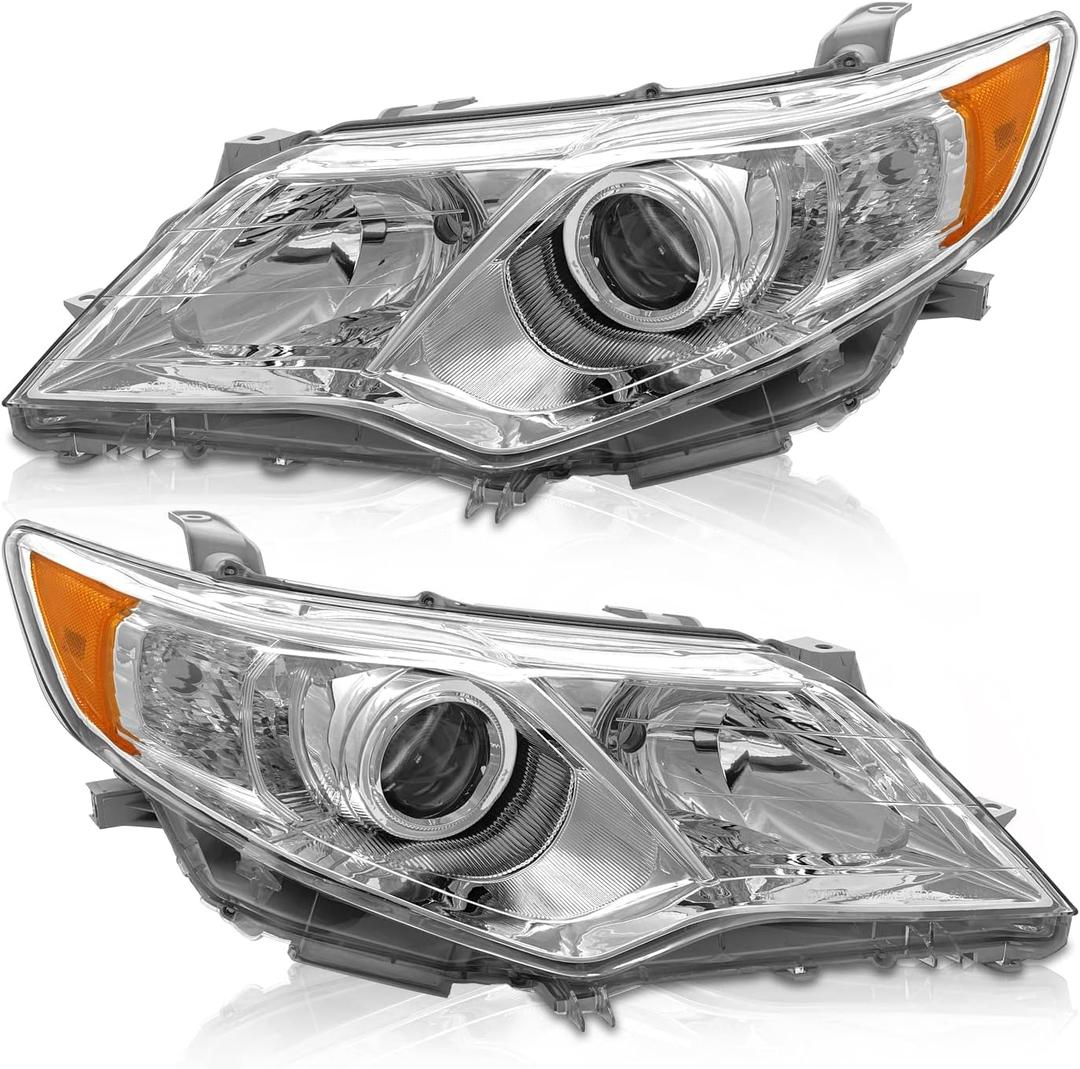 AS Headlights Assembly Replacement for 2012 2013 2014 Toyota Camry L/Se/Le/Xle/Hybrid Chrome Housing Amber Reflector Clear Lens Driver and Passenger Side