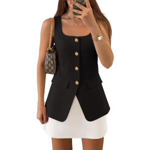 ZESICA SLEEVELESS VEST SQUARE NECK BUTTON DOWN BLAZER VESTS L