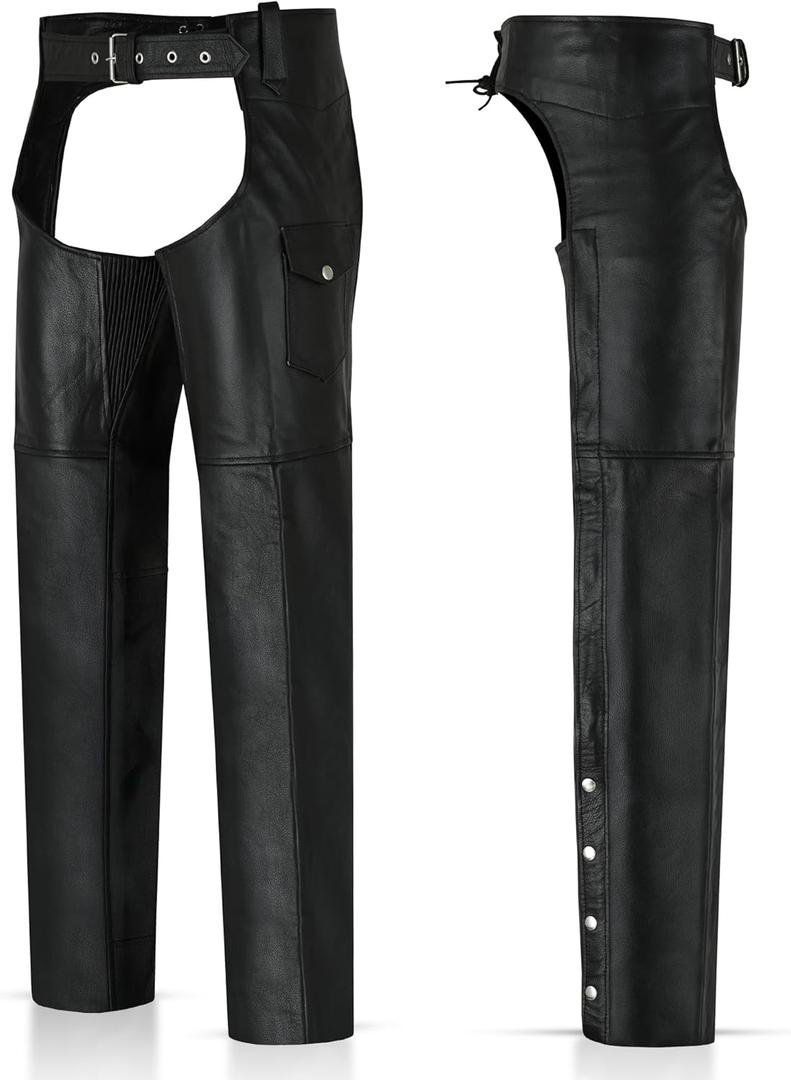 DALLX Black Leather Chaps for Mens Motorcycle Bikers Cow Skin Full Grain Heavy Duty Leather Chaps (34")