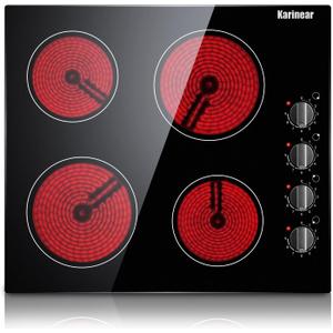Karinear 4 Burner Electric Cooktop 24 Inch, Built-in Stove Top, 220-240v Radiant Cooktop with Knob Control, Residual Heat Indicator, Over-Temperature Protection, Hard Wire(No Plug)