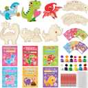 CJiangpo Valentines Day Gifts for Kids - 24 Pack Dinosaur Wood Painting Craft Kits, Valentines Cards with Watercolor Paint Bulk, Color Your Own Painting Craft Kids Classroom Exchange Gift Party Favor