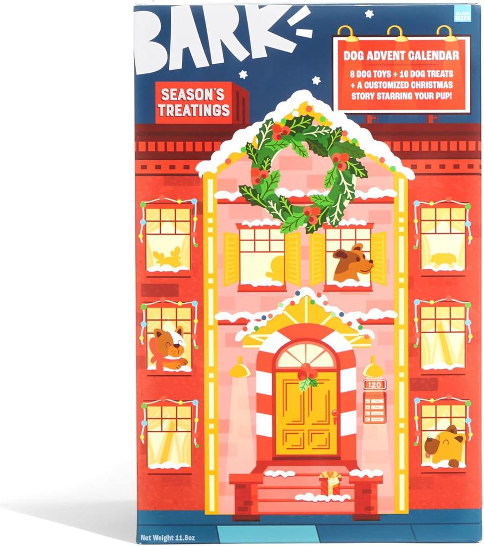 Barkbox Dog Advent Calendar  Holiday Gift Box with 8 Festive Plush Dog Toys & 16 Bakery-Style Treats  Squeaky, Fluffy & Crunchy Surprises for Small to Large Dogs
