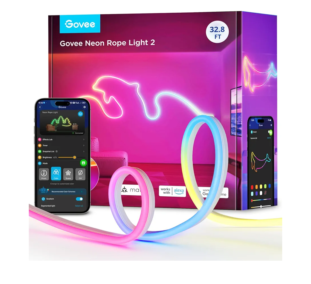 Govee RGBIC Neon Lights, LED Smart Neon Rope Light 2 Works with Matter, Alexa, Google Assistant, Custom DIY Neon Strip Lights for Bedroom and Holiday Decor, Softer Material, 32.8ft, White