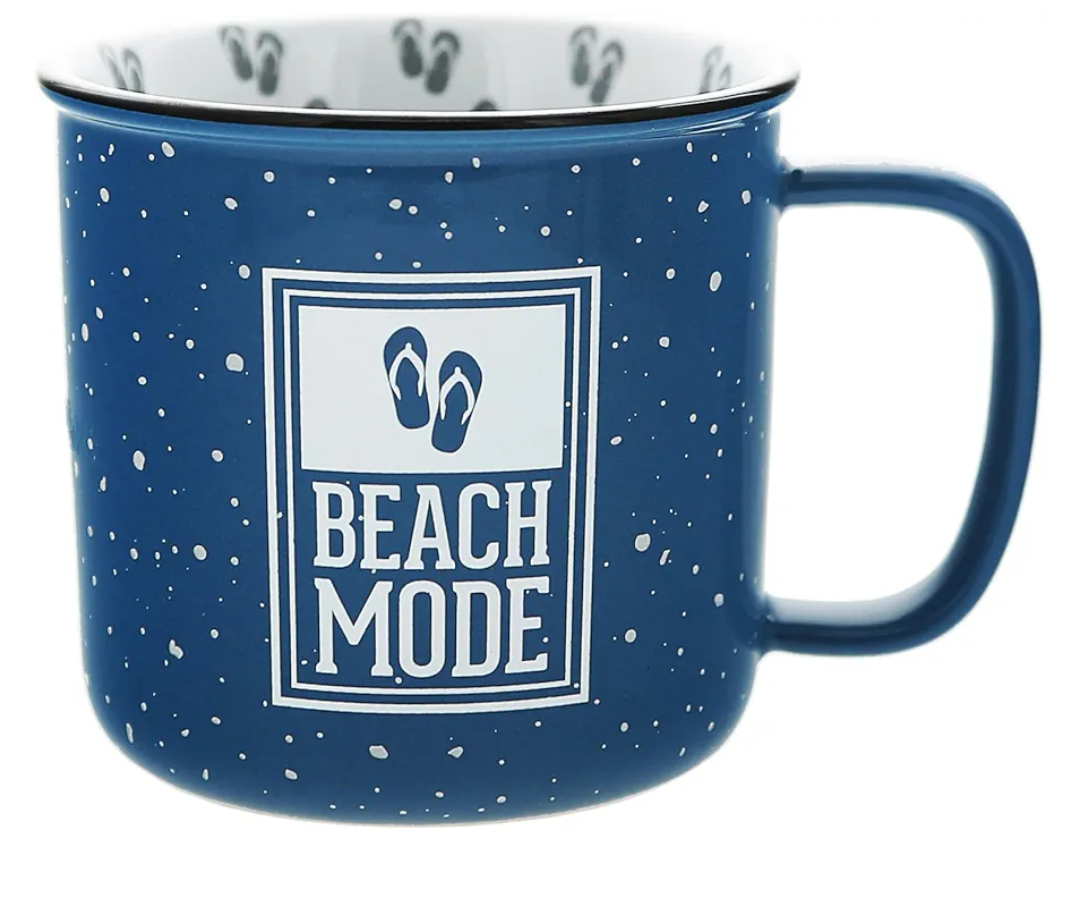 Pavilion Gift Company - Beach Mode Ceramic 18-ounce Mug, Blue with Speckled Finish, Durable Thick Walled Camping Style Coffee Cup, Campfire Mug, Beach Decor, Palm Trees, 1 Count