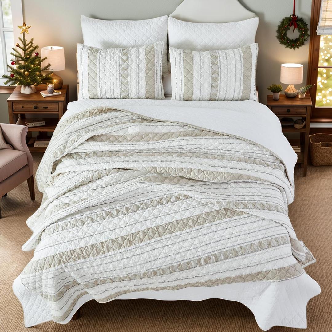 King Size Quilt Set Cotton White Beige Patchwork Waffle Quilts Modern Farmhouse Waffle Quilted Comforter Set 3-Piece