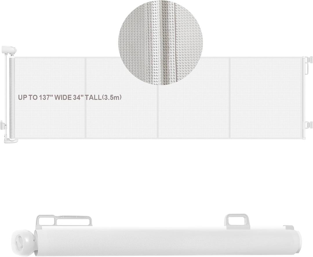 Extra Wide Retractable Baby Safety Gates Extends to 137" Wide 34" Tall, Large Mesh Dog Pets Gate with Reinforced Strip for Stair Doorway Hallways Indoor Outdoor, Easy Install, Hardware Mount