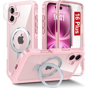 Oterkin Magnetic for iPhone 16 Plus Case Compatible with MagSafe [Foldable Stand][HD Camera Lens Protector][Built-in Touch Sensitive Glass Screen Protector] 15FT Military Full Body Rugged Case (Pink)