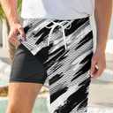 Goodstoworld Men's Funny Swim Trunks with Compression Liner 2 in 1 Quick-Dry 9" Stretch Shorts with Three Pockets (Medium, Black White / Graffiti)