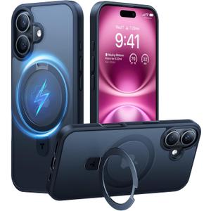 TORRAS Magnetic for iPhone 16 Case with Stand, Built-in Stand Compatible with MagSafe, 3X Military-Grade Protection, Translucent Slim Phone Case for iPhone 16 6.1'', Matte Black