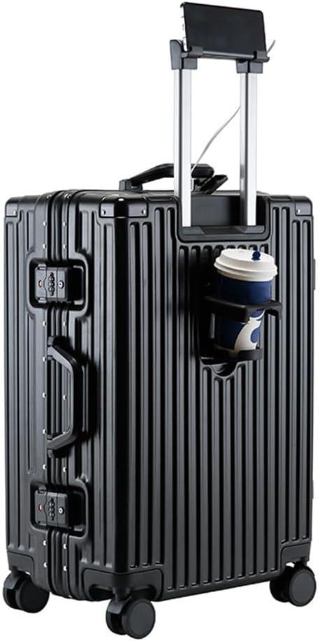 Aluminum Frame Hardside Luggage with USB Port and Cup Holder, Lightweight Suitcases with Wheels and TSA Lock, Travel Luggage Hard Shell Lightweight Rolling Suitcases for Men Women (20 inch, Black)