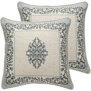 SAENNE Design Linen Square Throw Pillow Covers 18"x18" Pack of 2, Cottage Farmhouse Cushion Covers with Blue Grey Thorn Vine Pattern Decoration Pillowcases for Bed, Living Room, Outdoor, Car