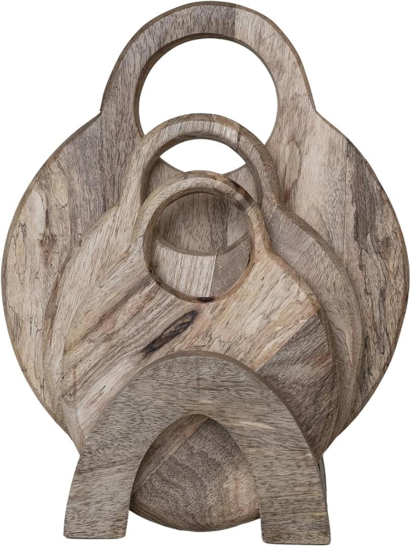 Creative Co-Op 3-Piece Round Mango Wood Cutting Boards in Various Sizes with Stand, Natural