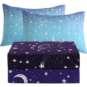 JSD Gradient Blue Moon Stars Kids Sheet Set Full Size, 4 Piece Space Theme Microfiber Sheets Deep Pocket