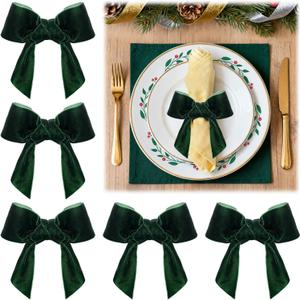 Green Velvet Bow Christmas Napkin Rings Set of 6 - Beautiful Napkin Holder Rings for Holiday Dinner Table Decorations