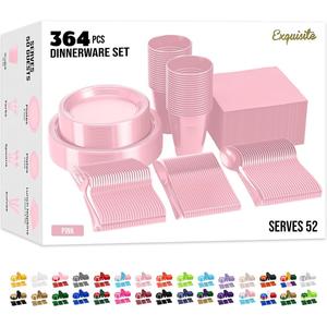 350 Pcs Pink Plastic Plates For Party, Pink Disposable Plates Set, 50 Of Each 9" Dinner Plate Set, 7" Dessert Plate, Cups, Napkins & Cutlery Plastic Dinnerware Set Exquisite