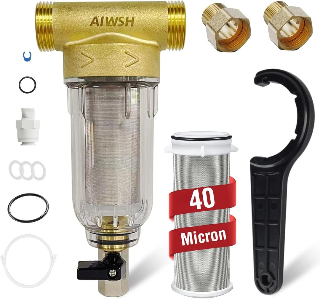 40 Micron Spin Down Sediment Filter,Reusable Sediment Water Filter,Washing Machine Water Filter,Whole House Pre-Filtration System for City Water & Well Water,25GPM,1" MNPT+3/4" FNPT+3/4" MNPT