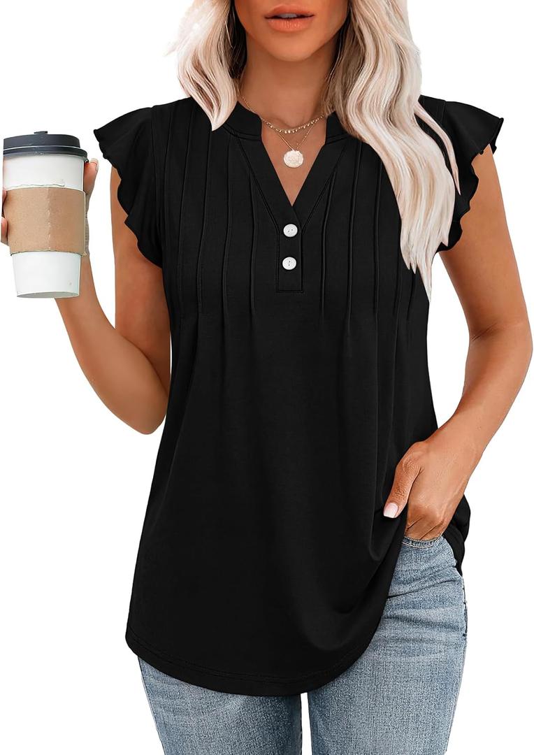 OFEEFAN Summer Tops for Women Button Down Blouses for Women Dressy Casual V Neck T Shirts Ruffle Sleeve (Black, M)