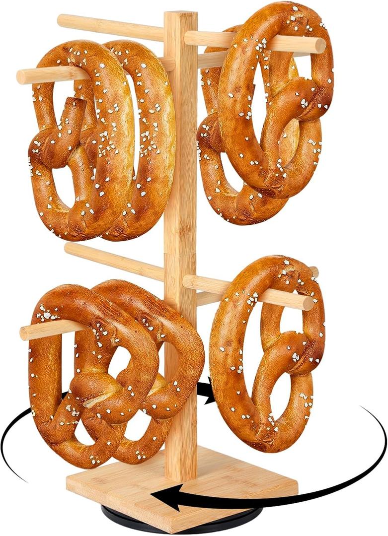 Pretzel Holder Stand Oktoberfest Bamboo Rotatable Pretzel Display Rack Hanger with Arms Hanging Sausage Mug Hook Stand for Oktoberfest Party(52 x 40cm)