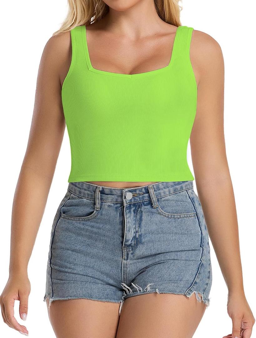 Women's Sleeveless Ribbed Tank Tops V Neck Stretchy Casual Basic Form Fitting Crop Tops (01#short Neon Green, Small)