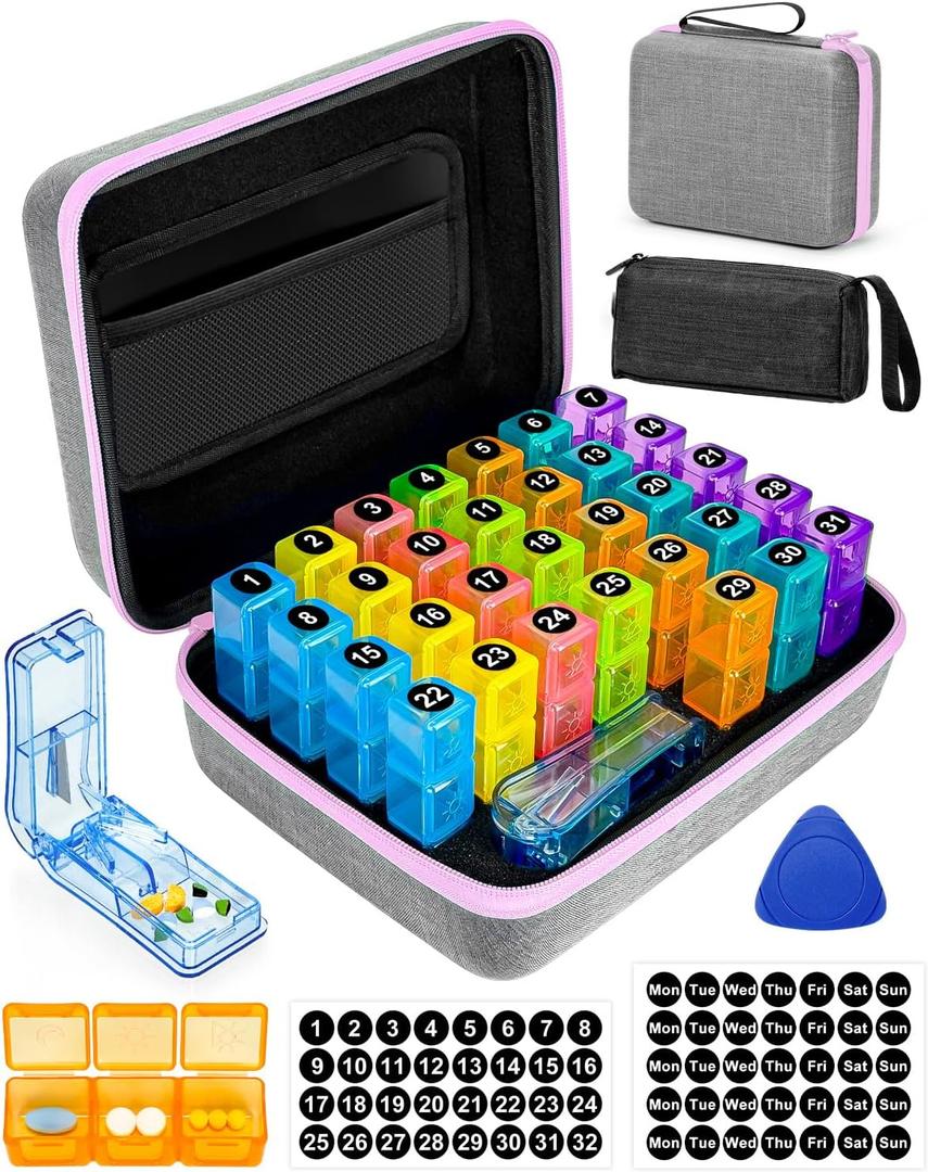 Monthly Pill Organizer 3 Times a Day with Weekly Pill Bags, Portable Hard Shell Case, Pill Cutter & Opener Pick, Monthly and Weekly Stickers for Medication Management (Purple, 3 Times a Day)