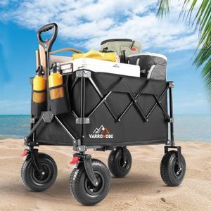 Big Rubber Wheels Beach Wagon Cart Foldable, 9x3 All-Terrain Wheels, Heavy Duty Collapsible Utility Wagon with 330lbs Capacity, Compact Storage, Easy Transport for Sand Camping Sports, Black