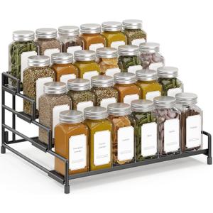 RUILALIFE 4-Tier-Spice-Rack-Organizer-for-Cabinet, Adjustable Depth Spice Holder Shelf For Countertop Pantry Cupboard, Metal Tiered Seasoning Organizer,Display Shelf Riser (Black-1 Pack)