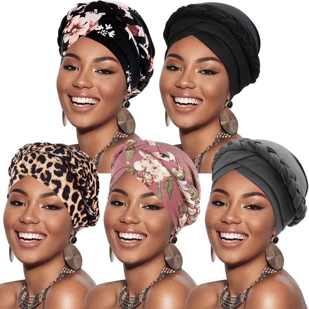 DRESHOW African Women Turban Caps Beanie Twist Headscarf Pre-Tied Twisted Braid Headwraps for Women Chemo Cancer Cap (Pink, Flower Black, Leopard, Gray, Black a)