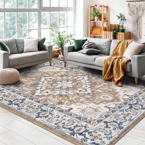 Lessymo 5'x7' Area Rug for Living Room - Machine Washable Area Rugs, Super Soft Faux-Wool Area Rugs for Bedroom Kitchen, Boho Area Rug Vintage Floral Non-Slip Low Pile, Brown