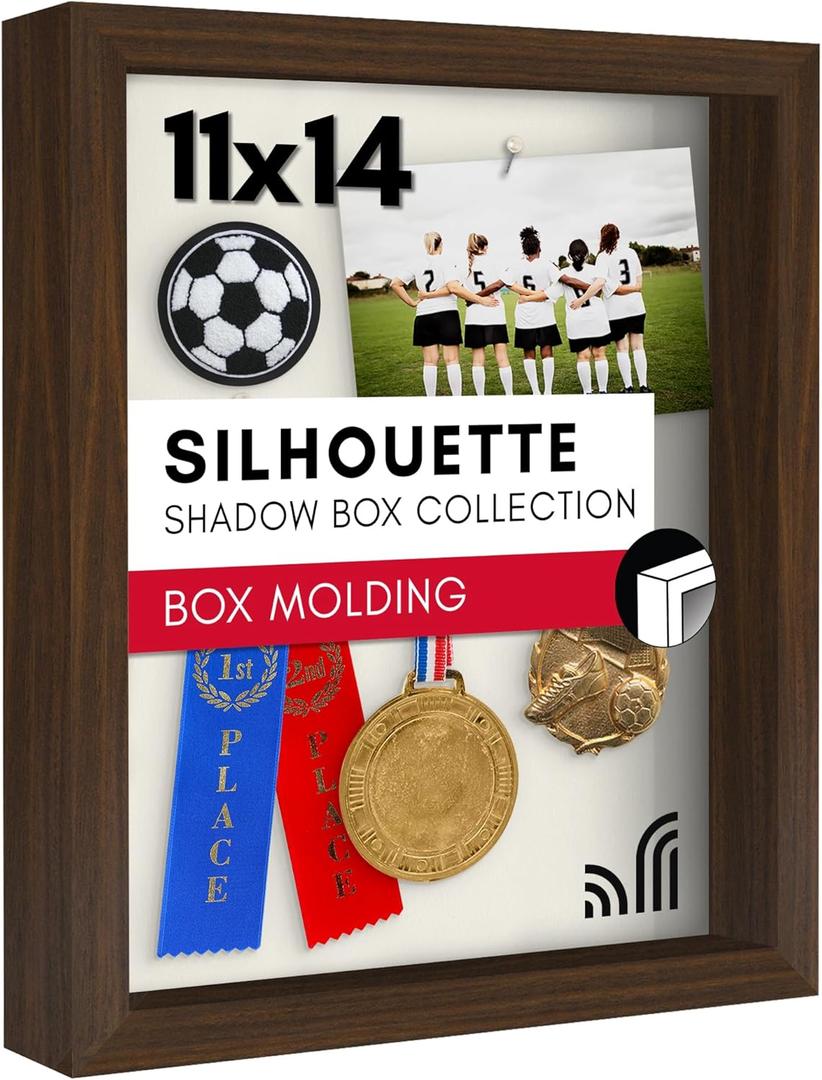 Americanflat 11x14 Shadow Box Frame with Shatter-Resistant Glass - Silhouette Collection - Large Shadow Box Display Case for Tabletop and Wall Display - Walnut with Soft Felt Back