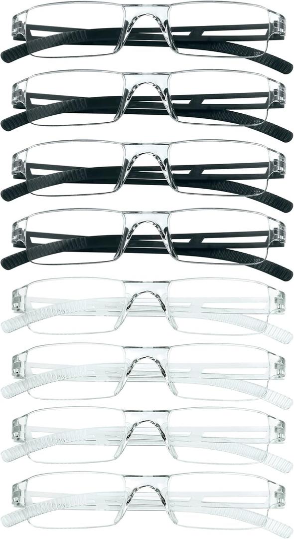 VisionGlobal 8 Pairs Reading Glasses, Blue Light Blocking Glasses, Computer Reading Glasses for Women and Men, Fashion Square Eyewear Frame (4black+4clear,+1.00 Magnification)