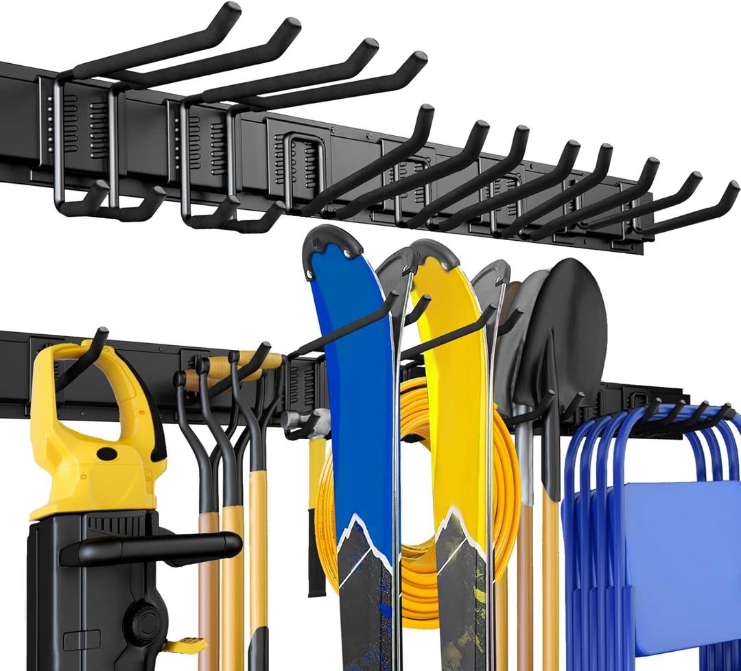 Garage Storage, Garage Organization, Wall Mount Garden Tool Organizer 48 Inches, 440lbs Adjustable Heavy Duty Metal Hooks, Yard Shed Rack Holder System Hanging Rake Broom Mop Snowboard, Men Gift (48" Alloy Steel, Black) 1 Pack