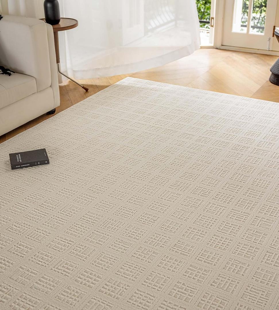 jxgzyy Non-Slip Area Rug for Living Room, 5' X 7' Soft Cream Rugs, Wipeable Waterproof Stain Resistant Carpet for Bedroom Kitchen Dining Room Table Nursery Home Office, Waffle Grid