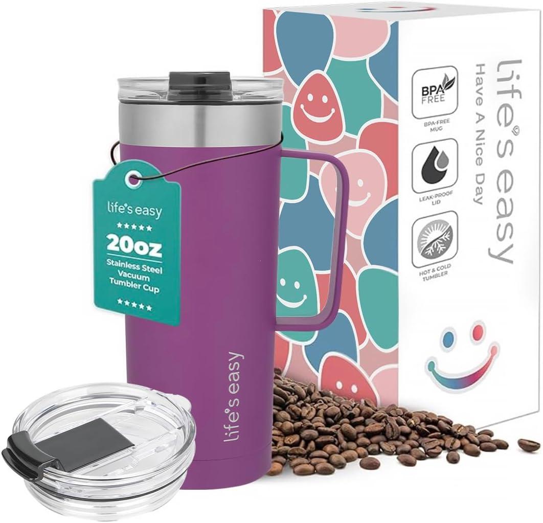 Life's Easy 20oz Stainless Steel Mug w/Handle - Double Wall Insulated Travel Tumbler w/Flip Lid - Leak Proof Tumbler-Thermal Cup for Coffee, Tea & More - Keep Hot & Cold Drinks (Purple, 20 oz)