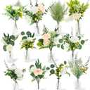 114Pcs Artificial Flowers in Vases Set, Fake Flower Greenery Stem Bulk Sets with 12Pcs Glass Bud Vases, Artificial Plants & Flowers for Wedding Centerpiece Table Decorations