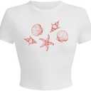 RoseSeek Women's Beach Graphic Tee Trendy Summer Short Sleeve Tee Shirts Crew Neck Crop Tops Bikini Print Preppy Top, Size medium