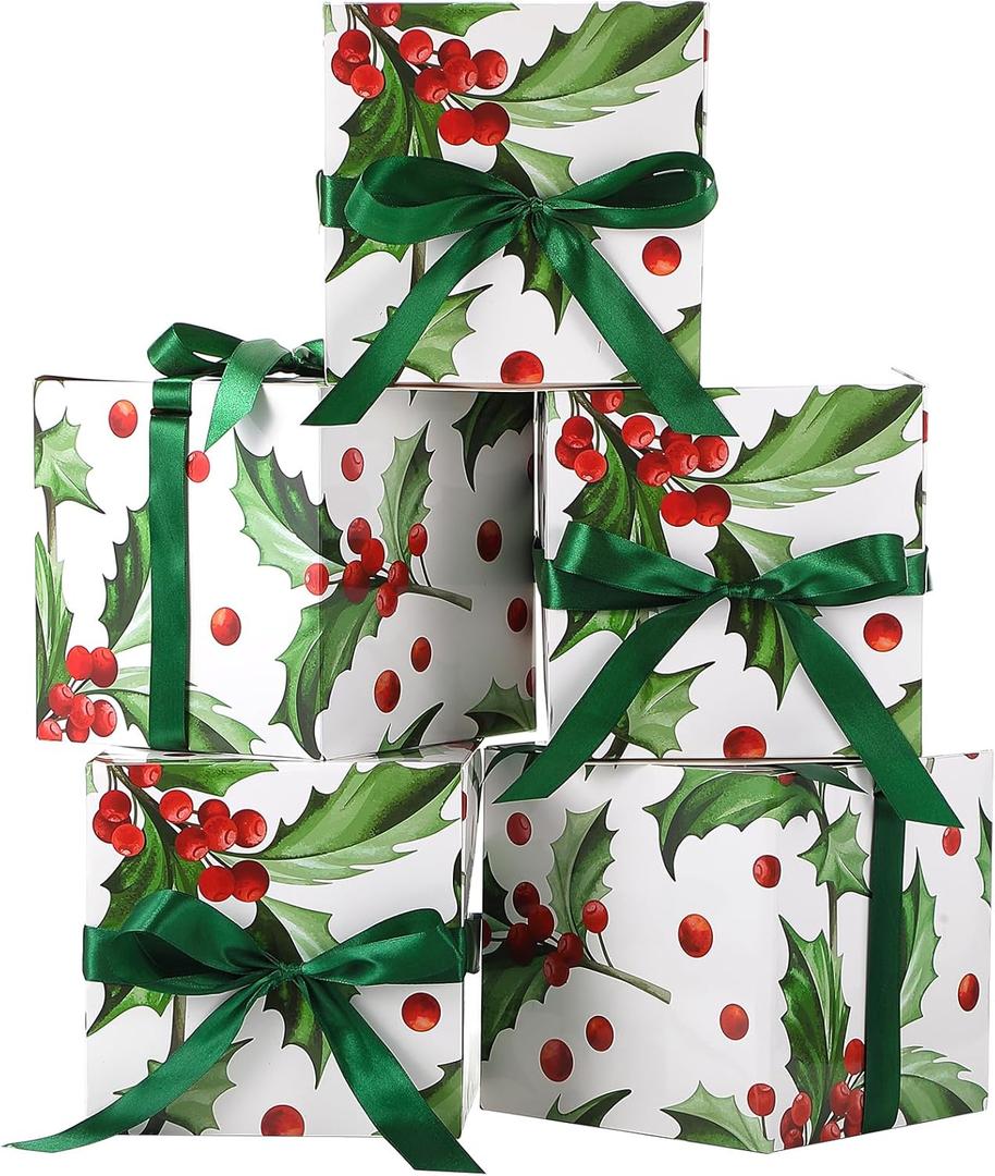 MotiMind 5 Pack Holly Berry Christmas Gift Boxes with Lids 7x7x7 Square Gift Box with Ribbons for Wrapping Christmas Presents Wedding Bridesmaid Holiday Party Favor Boxes (Green)