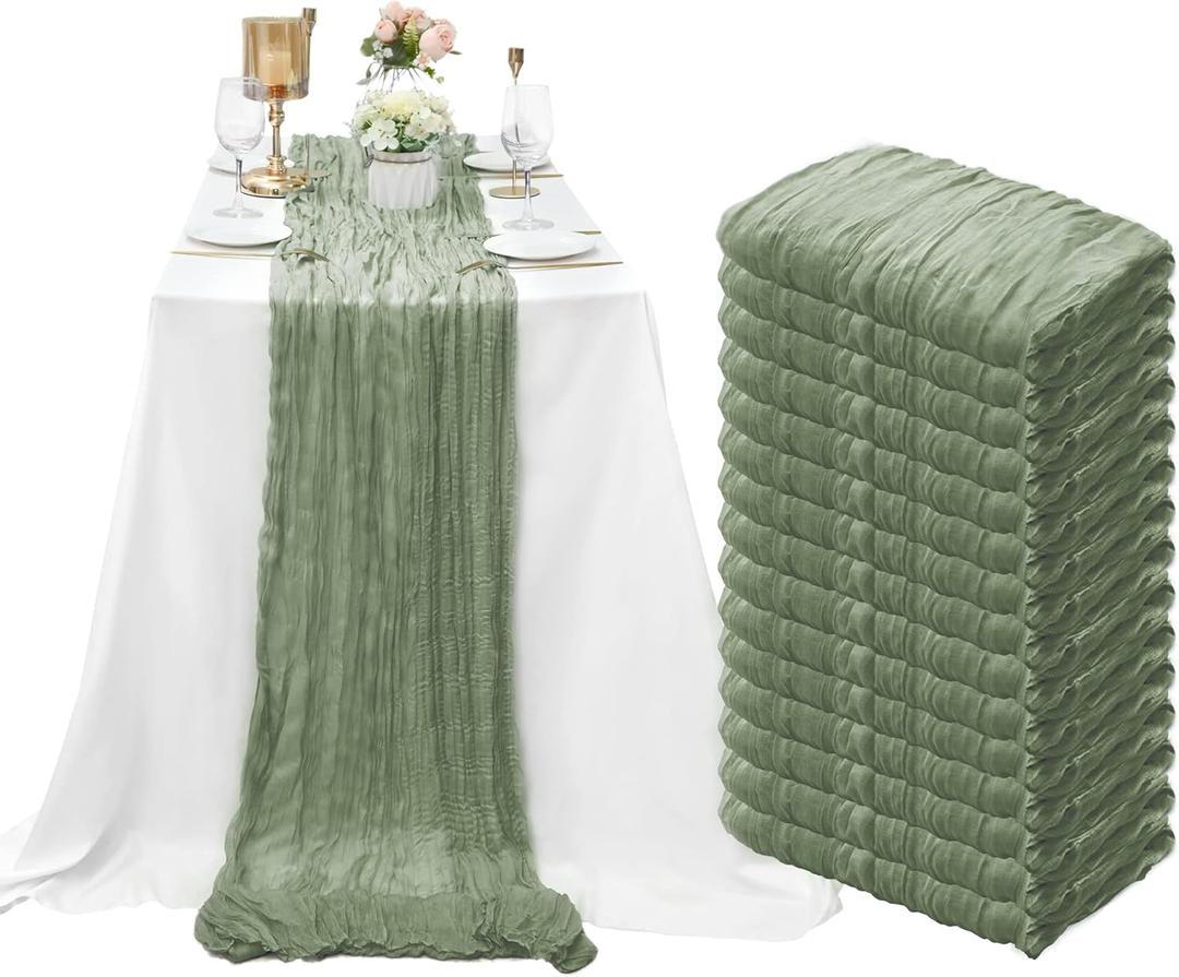 15 Pack Cheesecloth Table Runner 10Ft Romantic Cheese Cloth Table Runner 35 x120Inch Gauze Boho Table Runners for Wedding Birthday Party Bridal Baby Shower Engagement Home Fall Table Decor(Sage Green)